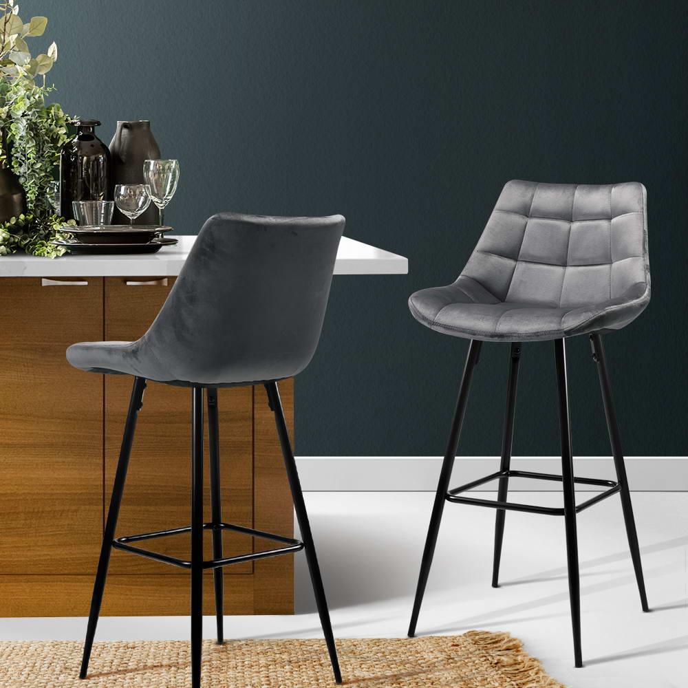 Artiss Kitchen Bar Stools Velvet Bar Stool Counter Chairs Metal Barstools Grey