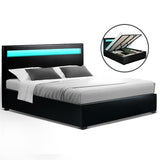 Artiss LED Bed Frame King Size Gas Lift Base With Storage Black Leather