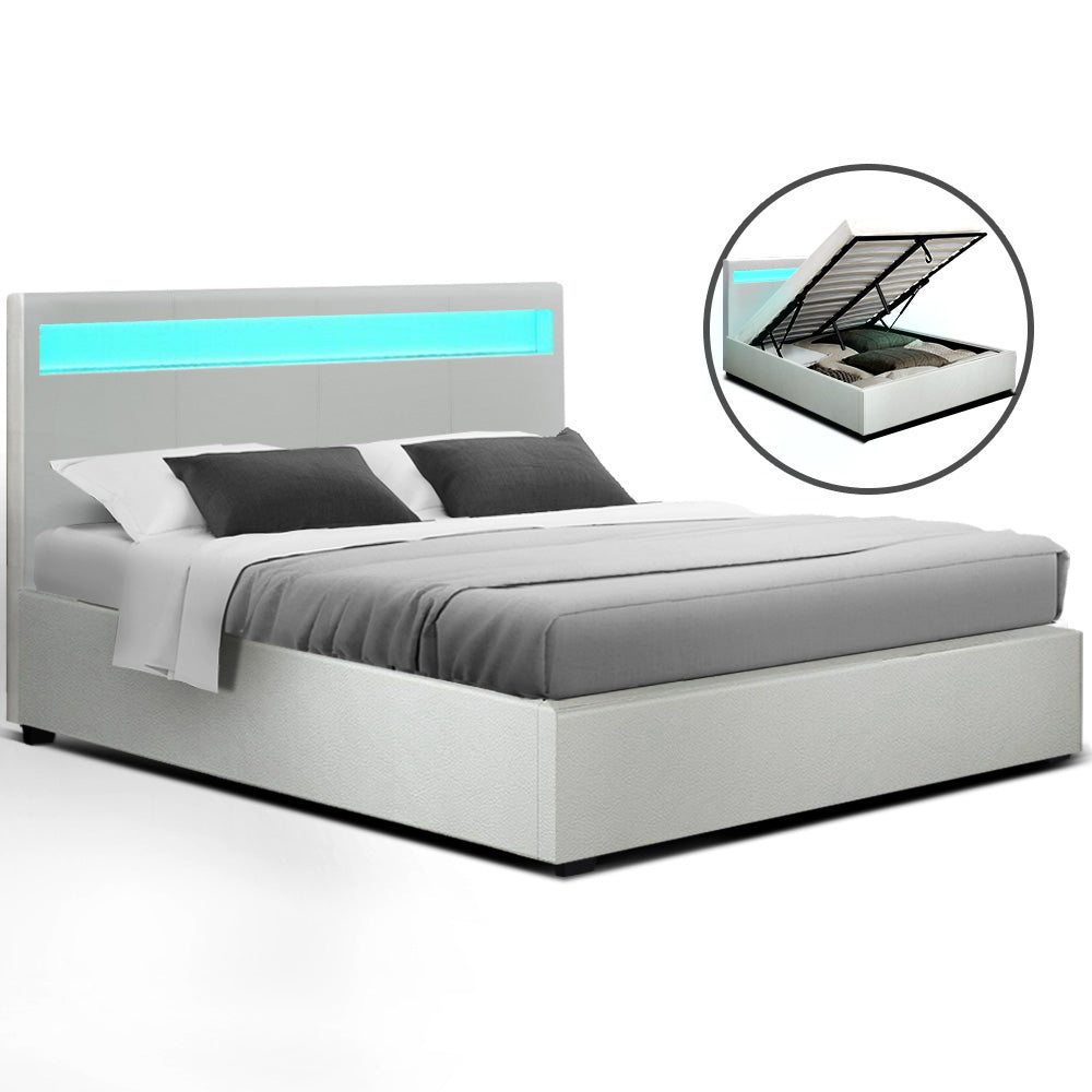 Artiss LED Bed Frame Queen Size Gas Lift Base With Storage White Leather