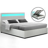 Artiss LED Bed Frame Queen Size Gas Lift Base With Storage White Leather