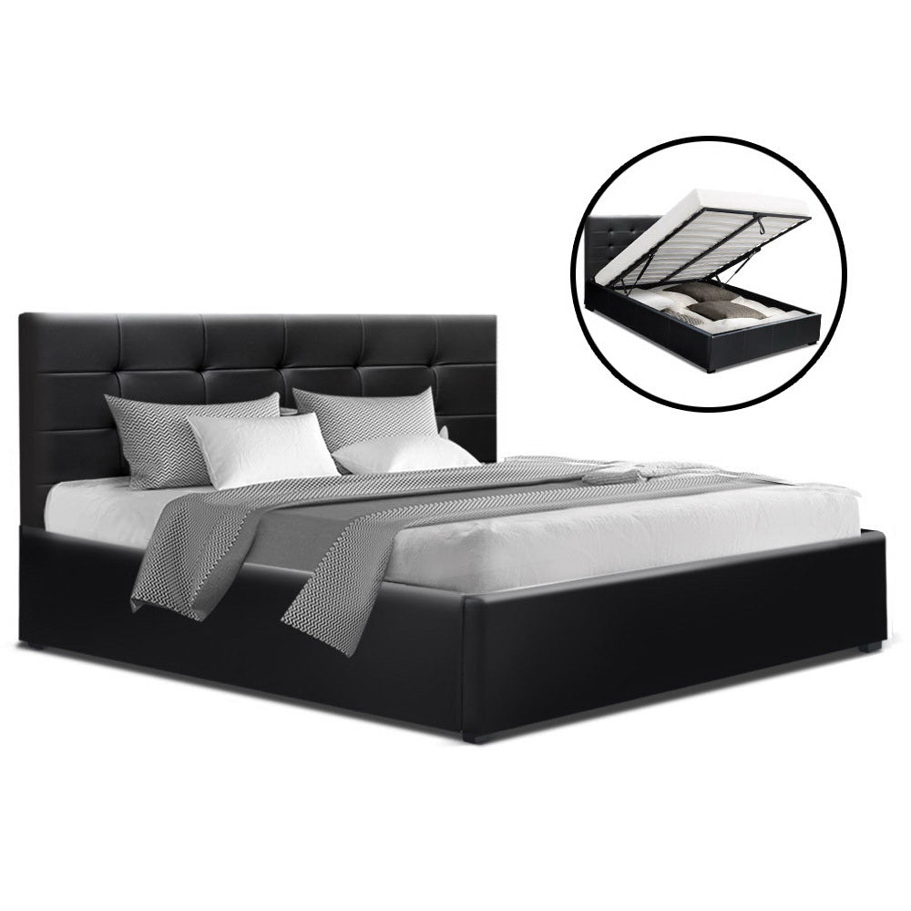 Artiss LISA Queen Size Gas Lift Bed Frame Base With Storage Mattress Black Leather