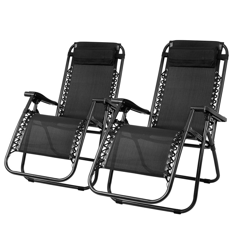 Gardeon Zero Gravity Chairs 2PC Reclining Outdoor Furniture Sun Lounge Folding Camping Lounger Black