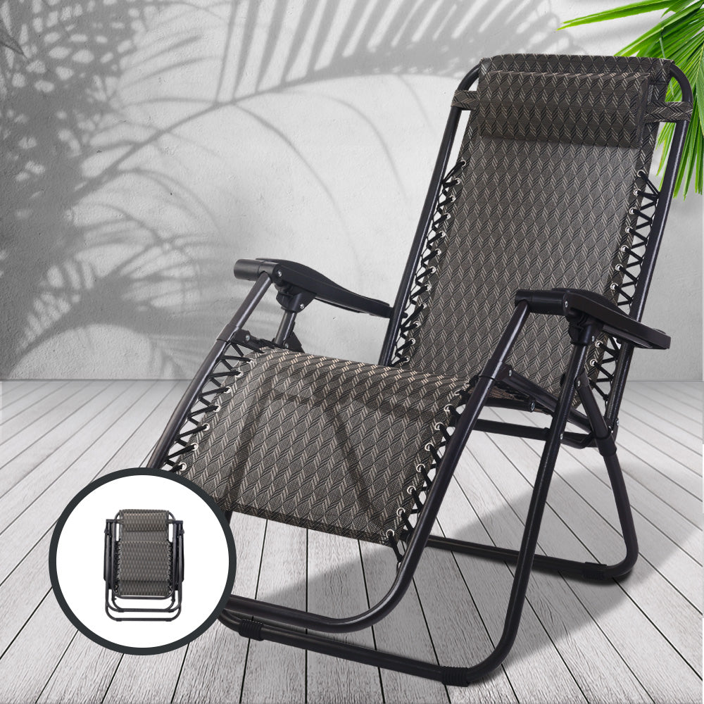 Gardeon Zero Gravity Chairs 2PC Reclining Outdoor Furniture Sun Lounge Folding Camping Lounger Grey