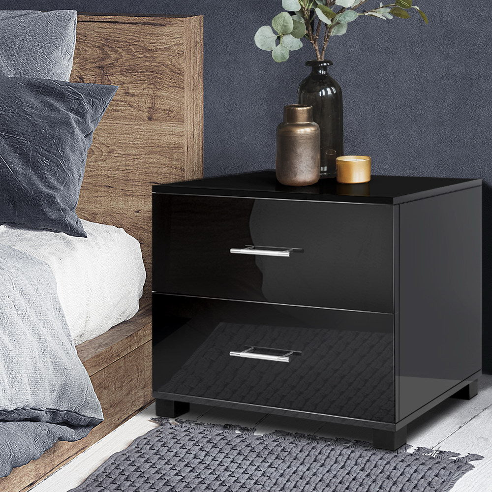 Artiss High Gloss Two Drawers Bedside Table - Black