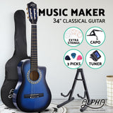 Alpha 34 Inch Guitar Classical Acoustic Cutaway Wooden Ideal Kids Gift Children 1/2 Size Blue with Capo Tuner"