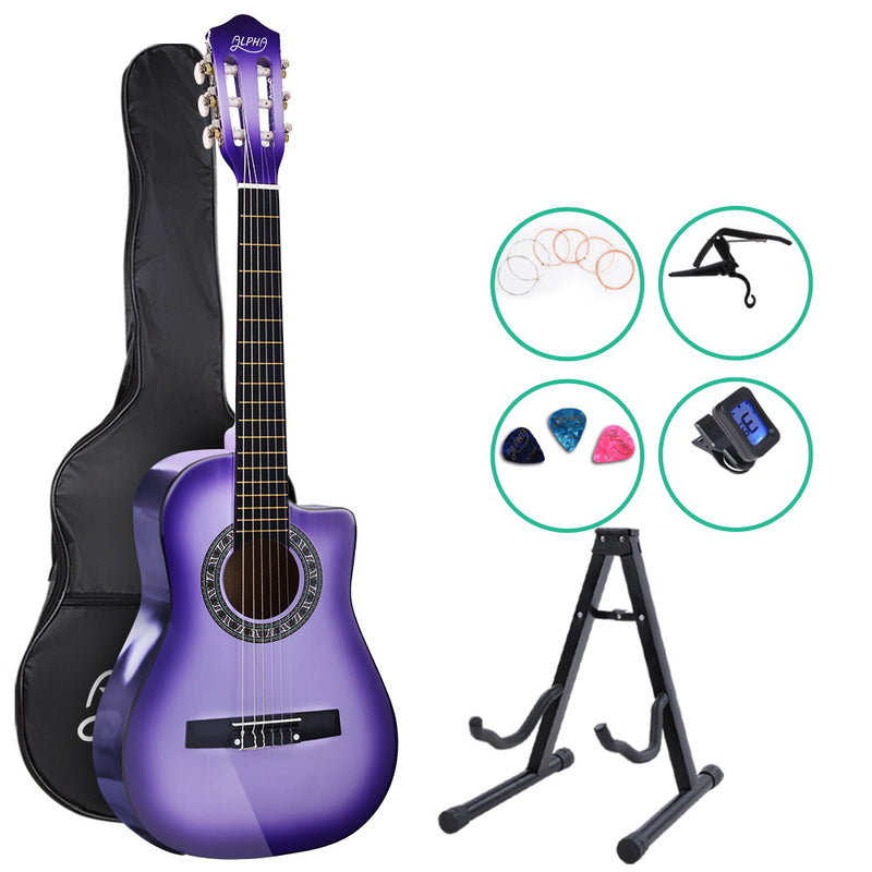 Alpha 34 Inch Guitar Classical Acoustic Cutaway Wooden Ideal Kids Gift Children 1/2 Size Purple with Capo Tuner