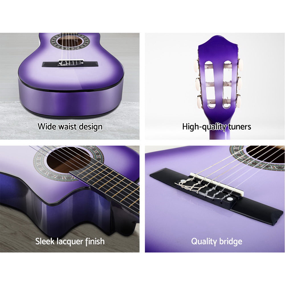 Alpha 34 Inch Guitar Classical Acoustic Cutaway Wooden Ideal Kids Gift Children 1/2 Size Purple with Capo Tuner"