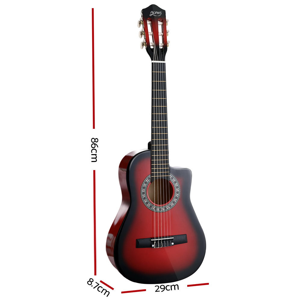 Alpha 34 Inch Guitar Classical Acoustic Cutaway Wooden Ideal Kids Gift Children 1/2 Size Red"