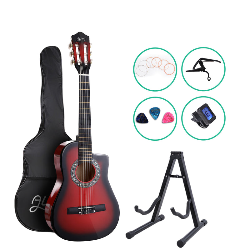 Alpha 34 Inch Guitar Classical Acoustic Cutaway Wooden Ideal Kids Gift Children 1/2 Size Red with Capo Tuner
