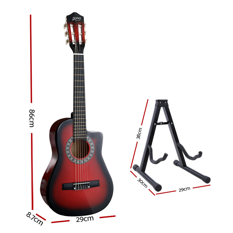 Alpha 34 Inch Guitar Classical Acoustic Cutaway Wooden Ideal Kids Gift Children 1/2 Size Red with Capo Tuner