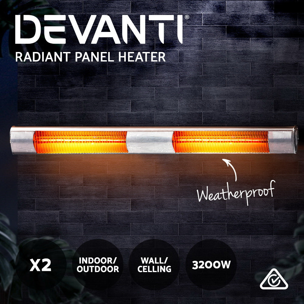 Devanti 2 x 3200W Electric Radiant Strip Patio Heater Panel Halogen Heat Bar Outdoor Indoor