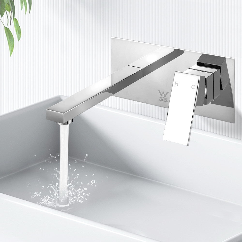 Cefito WELS Bathroom Tap Wall Square Silver Basin Mixer Taps Vanity Brass Faucet